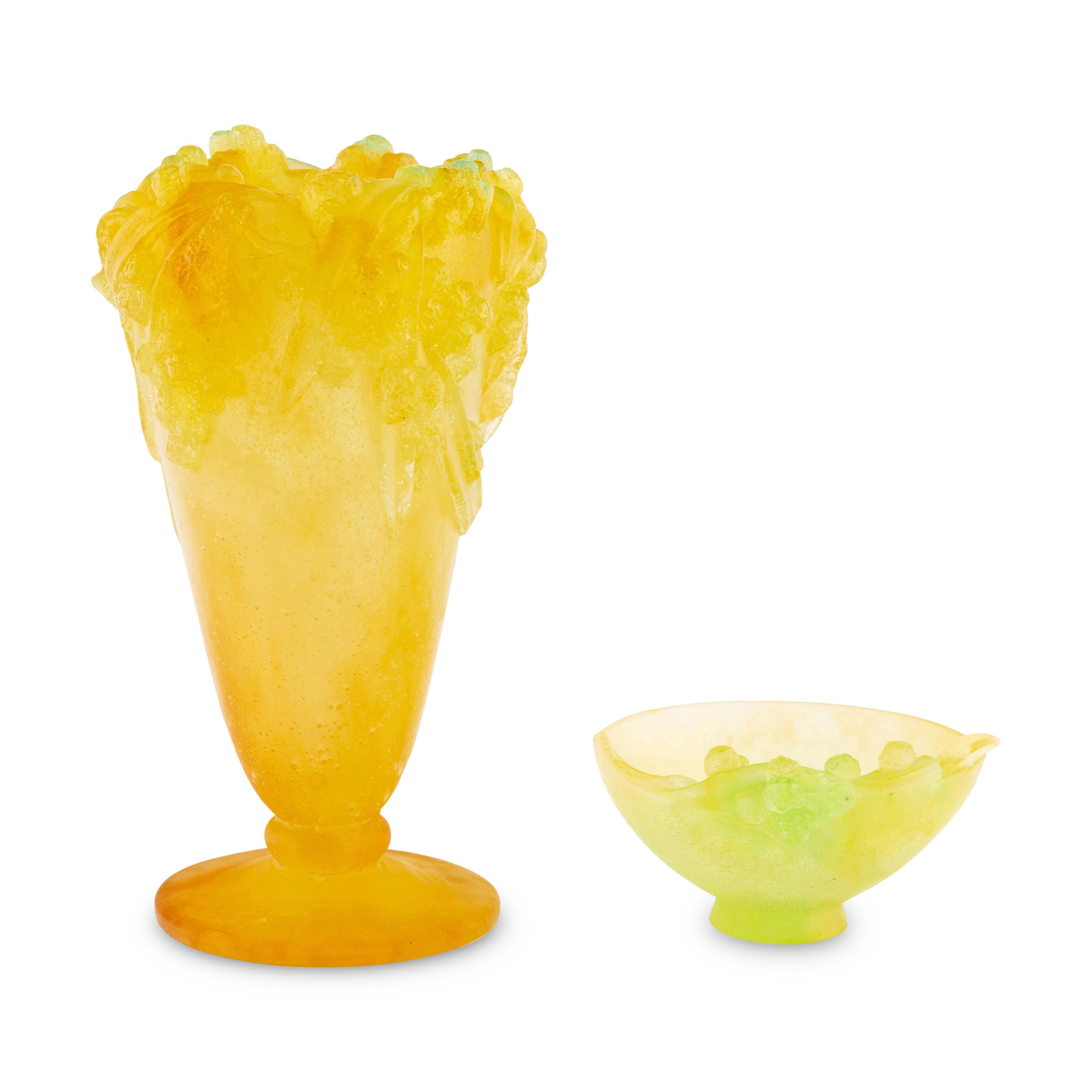 A Daum Pâte-de-Verre Mimosa Vase and Dish