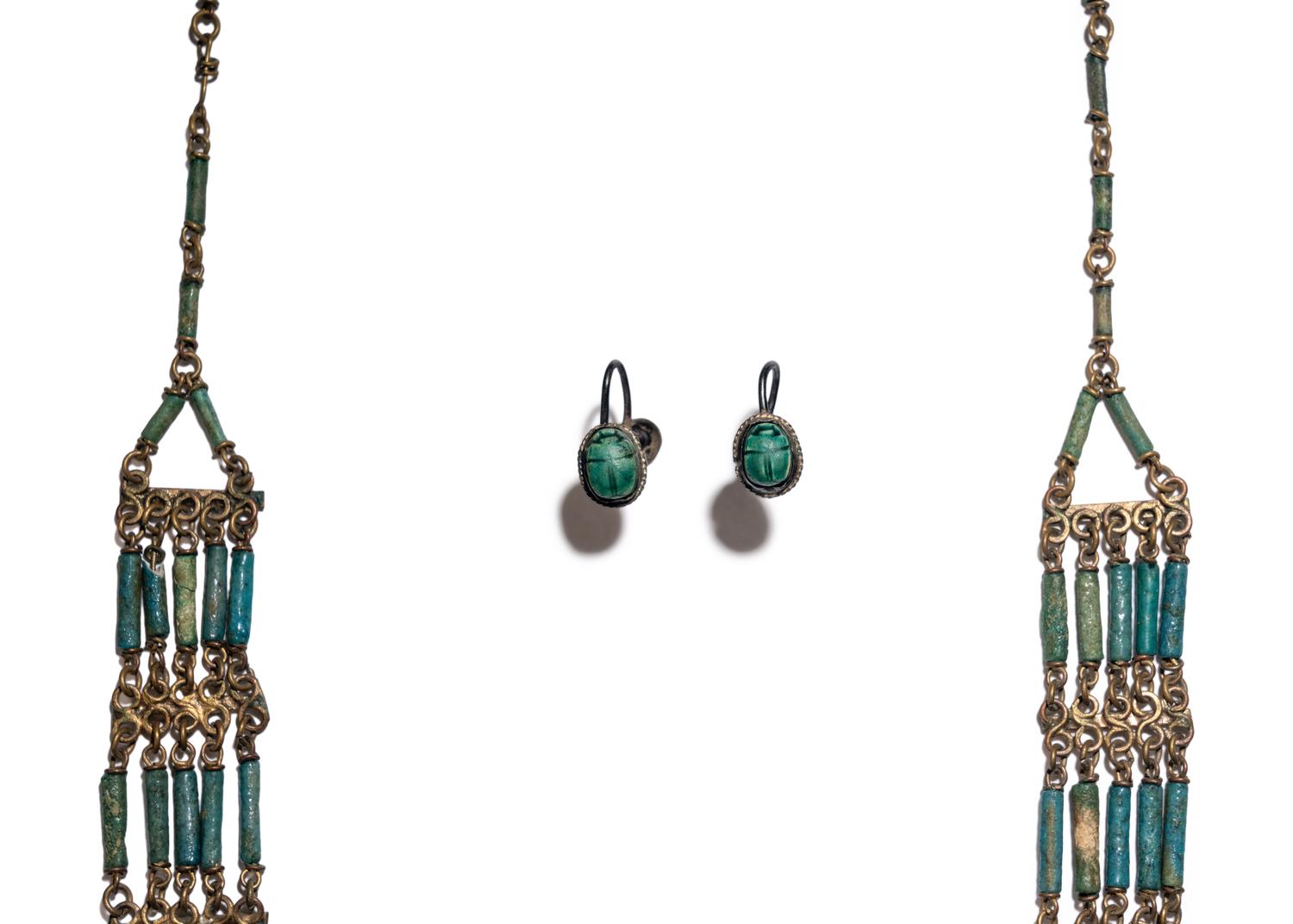 An Egyptian Bead and Faience Necklace with Scarab Earrings