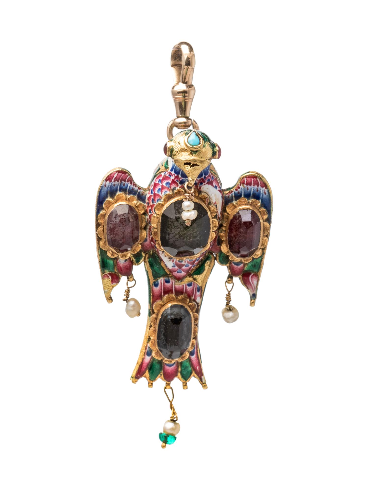 A High Karat Yellow Gold, Polychrome Enamel, Emerald, Turquoise, Cultured Pearl and Foilback Gemstone Bird Pendant, Qajar,