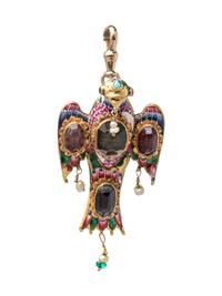 A High Karat Yellow Gold, Polychrome Enamel, Emerald, Turquoise, Cultured Pearl and Foilback Gemstone Bird Pendant, Qajar,