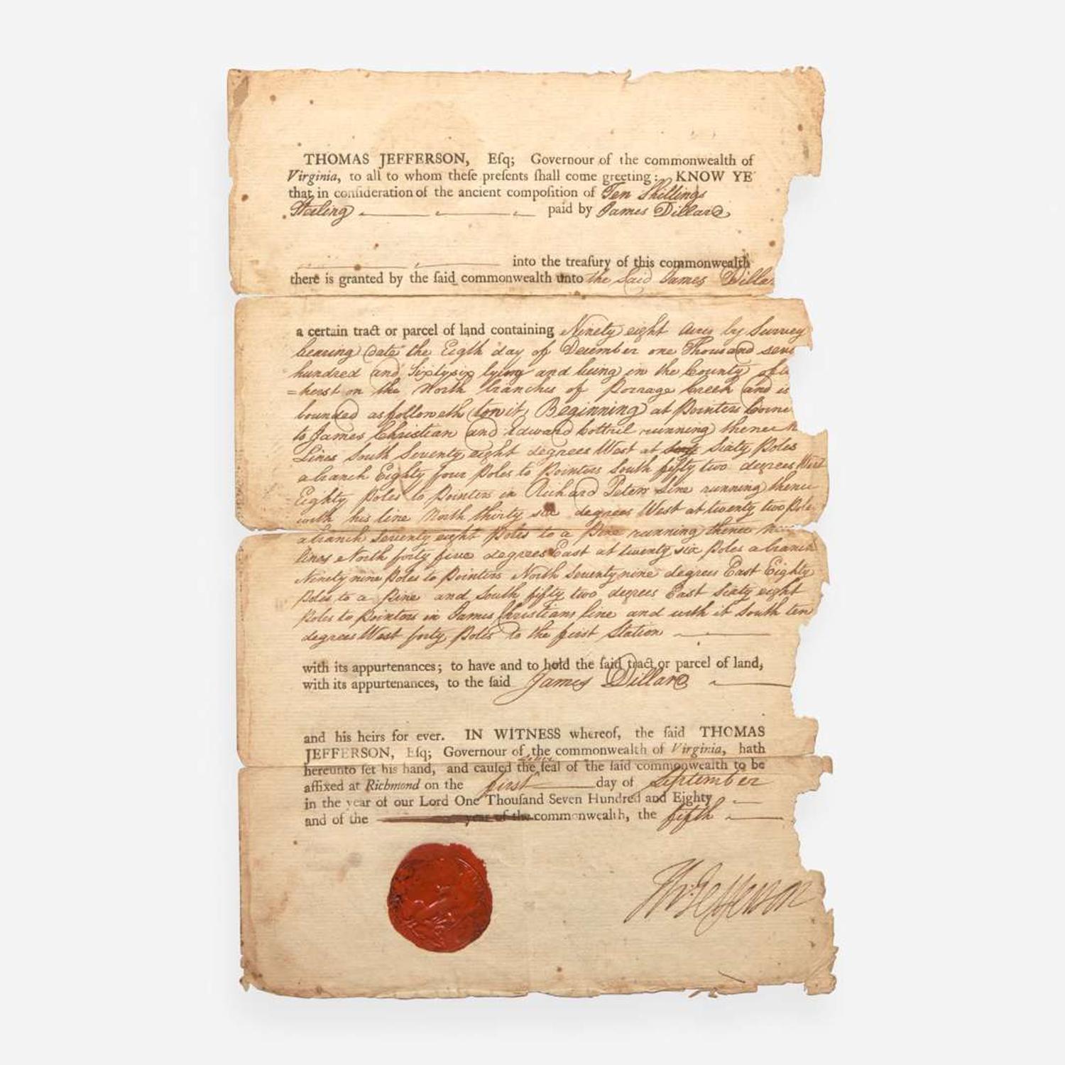 [Declaration of Independence] [Virginia] Jefferson, Thomas Partially-Printed Document, signed