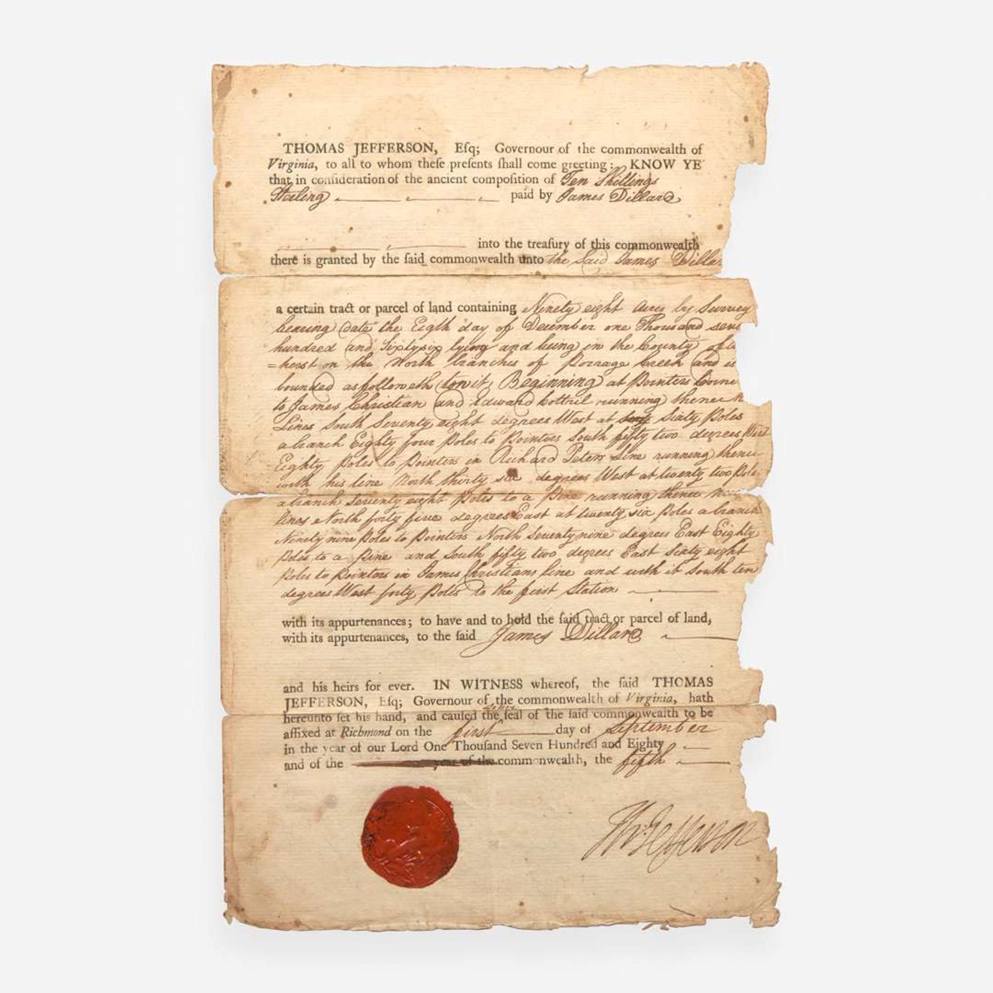 [Declaration of Independence] [Virginia] Jefferson, Thomas Partially-Printed Document, signed