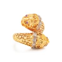 LALAOUNIS, YELLOW GOLD, RUBY, AND DIAMOND LION'S HEAD BYPASS RING