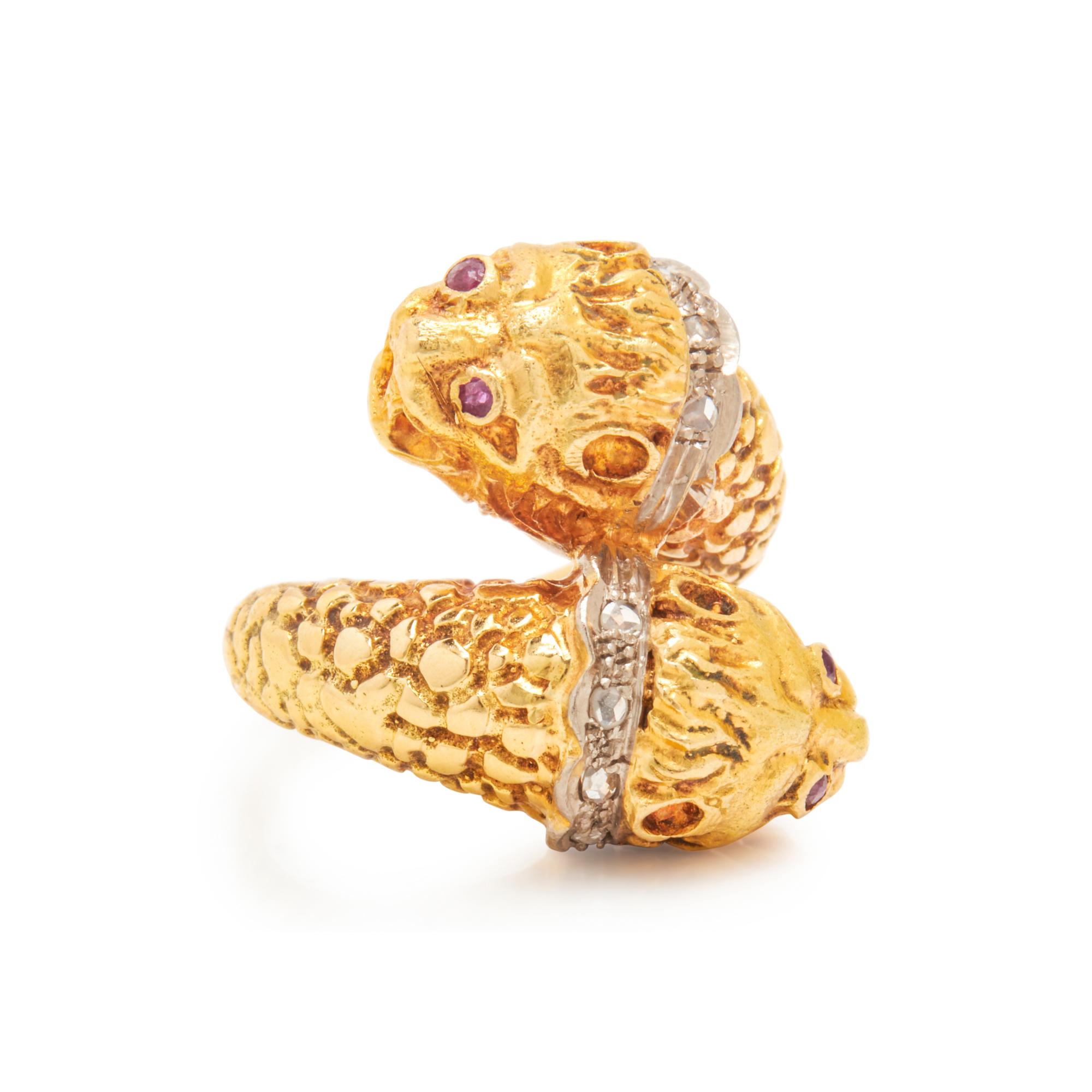 LALAOUNIS, YELLOW GOLD, RUBY, AND DIAMOND LION'S HEAD BYPASS RING