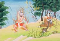 An Illustration of the Vishnu Purana: Bhasmasura in Fire in Front of Mohini