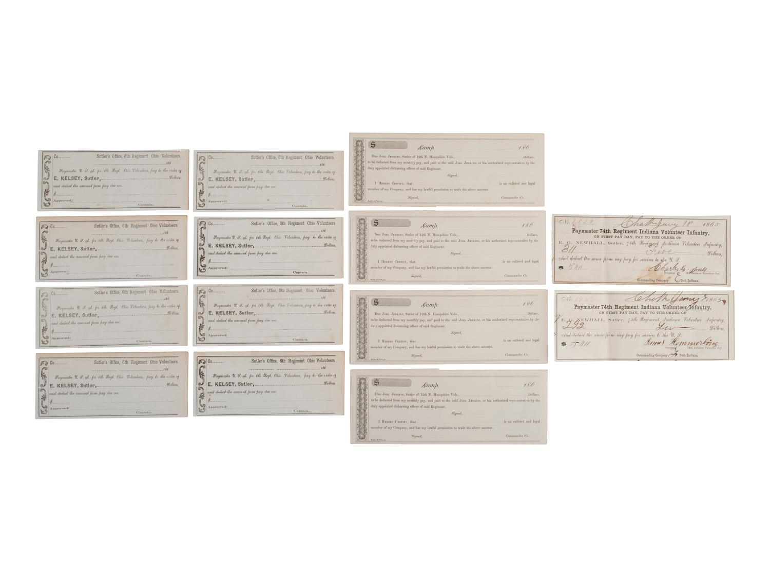 [CIVIL WAR]. Military sutler script from Michigan, Ohio, New Hampshire, and Indiana regiments.
