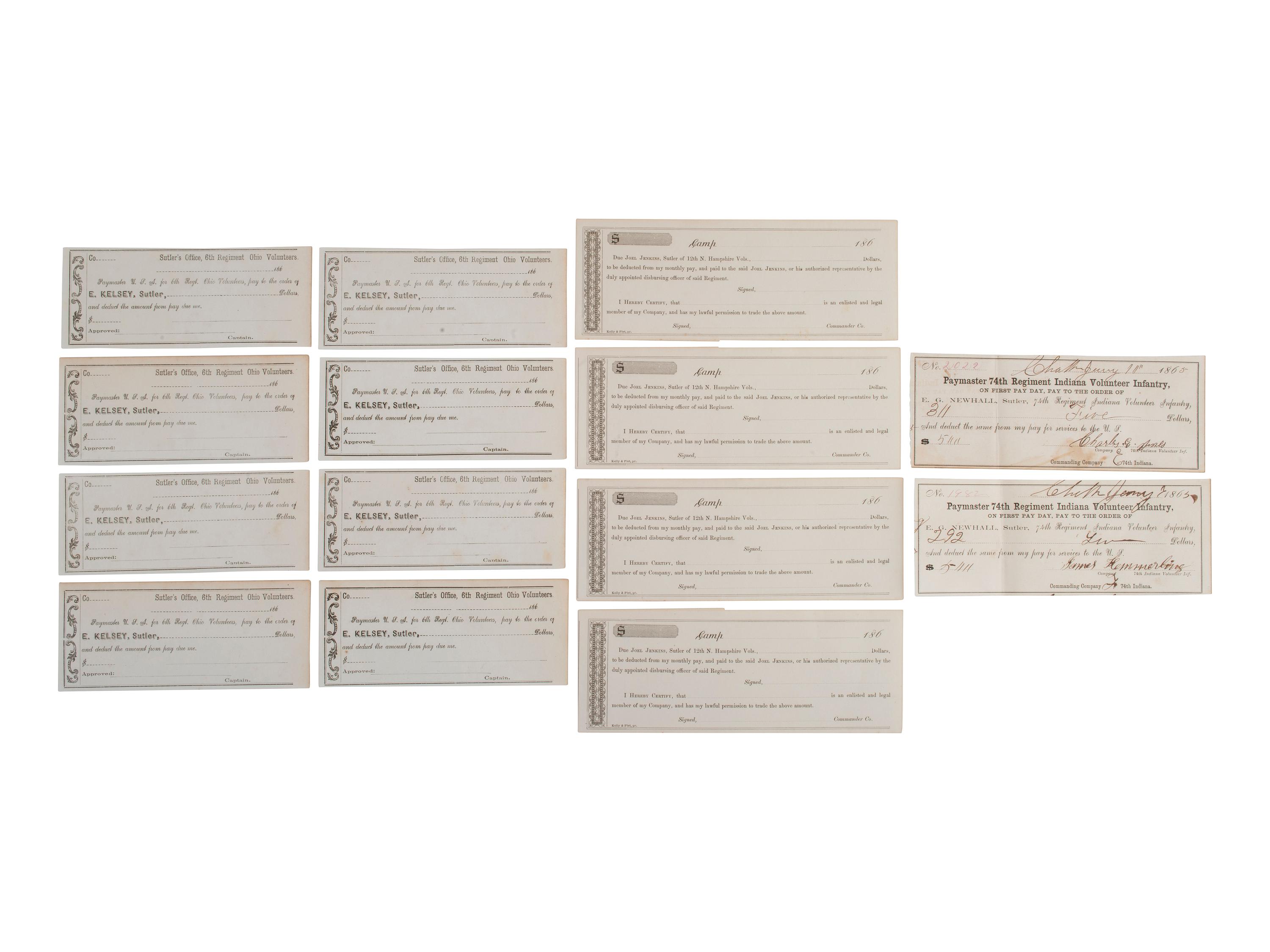 [CIVIL WAR]. Military sutler script from Michigan, Ohio, New Hampshire, and Indiana regiments.