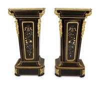 A Pair of Louis XVI Style Gilt-Bronze Mounted and Hardstone Inlaid Ebonized Marble-Top Pedestal Cabinets
