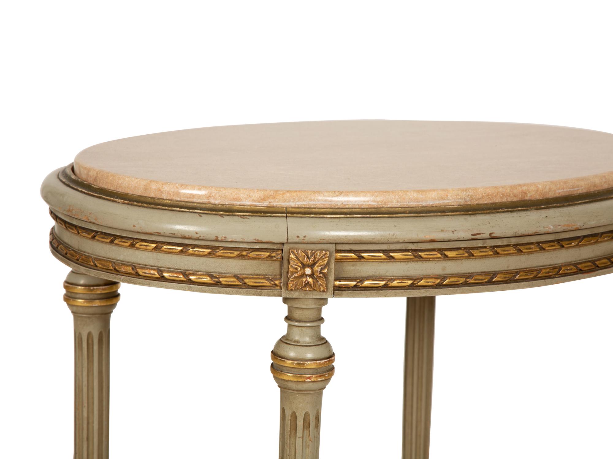 A Louis XVI Style Painted and Parcel Gilt Marble Top Oval Table — Early 20th Century