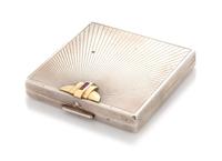 An American Silver 14-Karat Gold and Ruby Inset Compact, Maker's Mark WAB, First Half 20th Century, the lid with a gold and ruby appliq