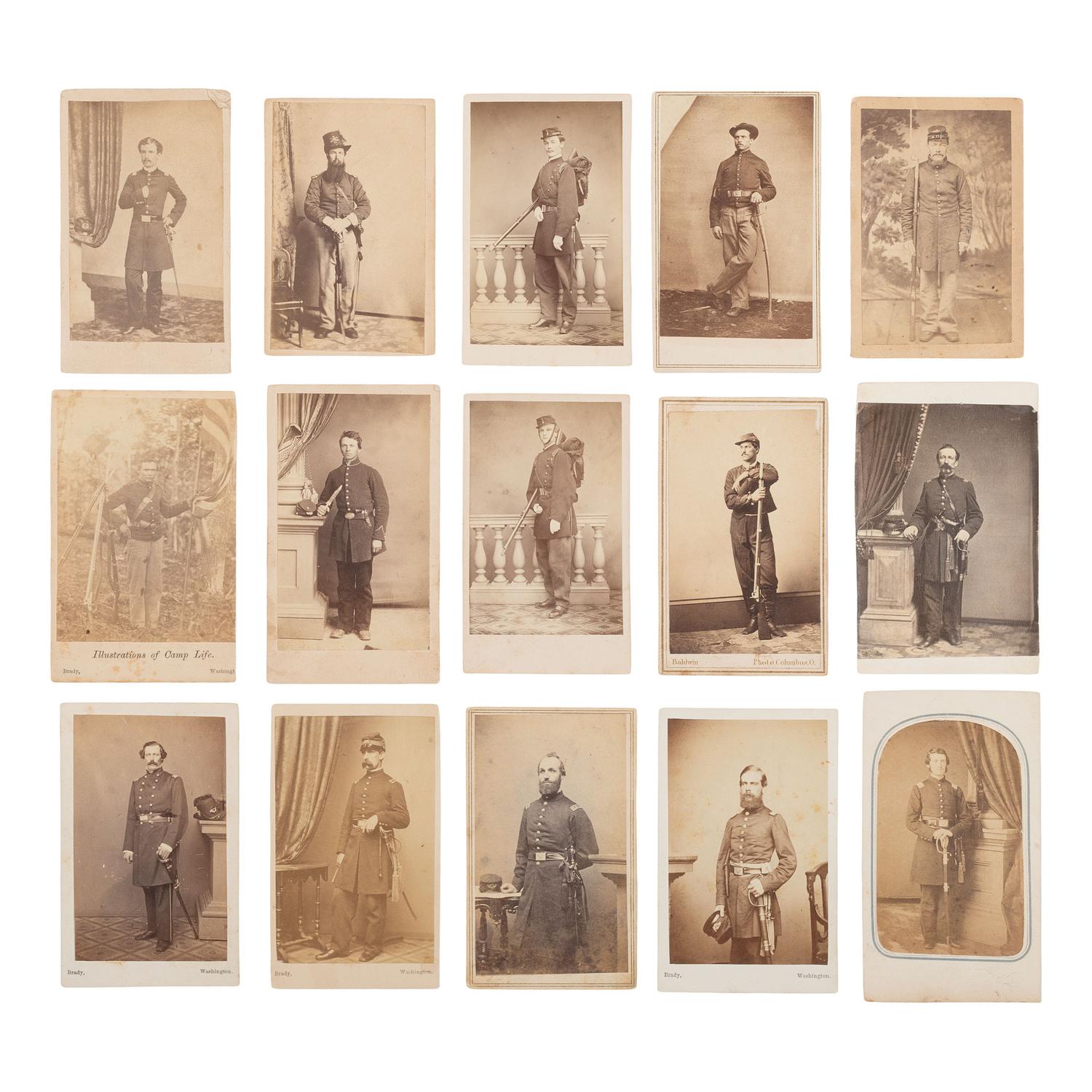 [Civil War] Group of 15 Carte de Visites of Armed Union Officers and Enlisted Men.