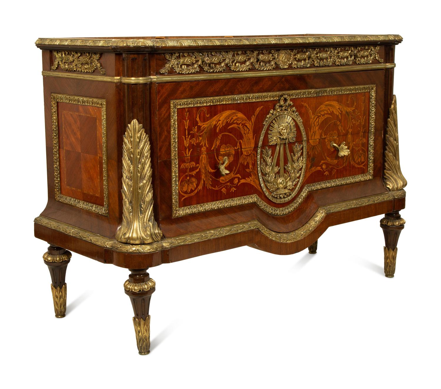 A Louis XVI Style Marquetry Silvered Metal Mounted Commode — 20TH CENTURY