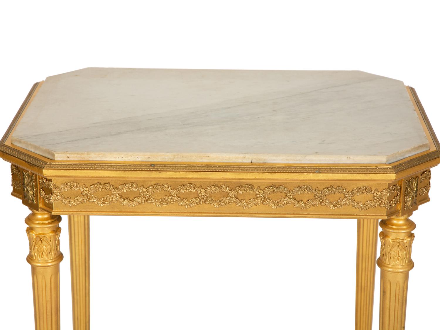 A Louis XVI Style Giltwood Marble Top Side Table