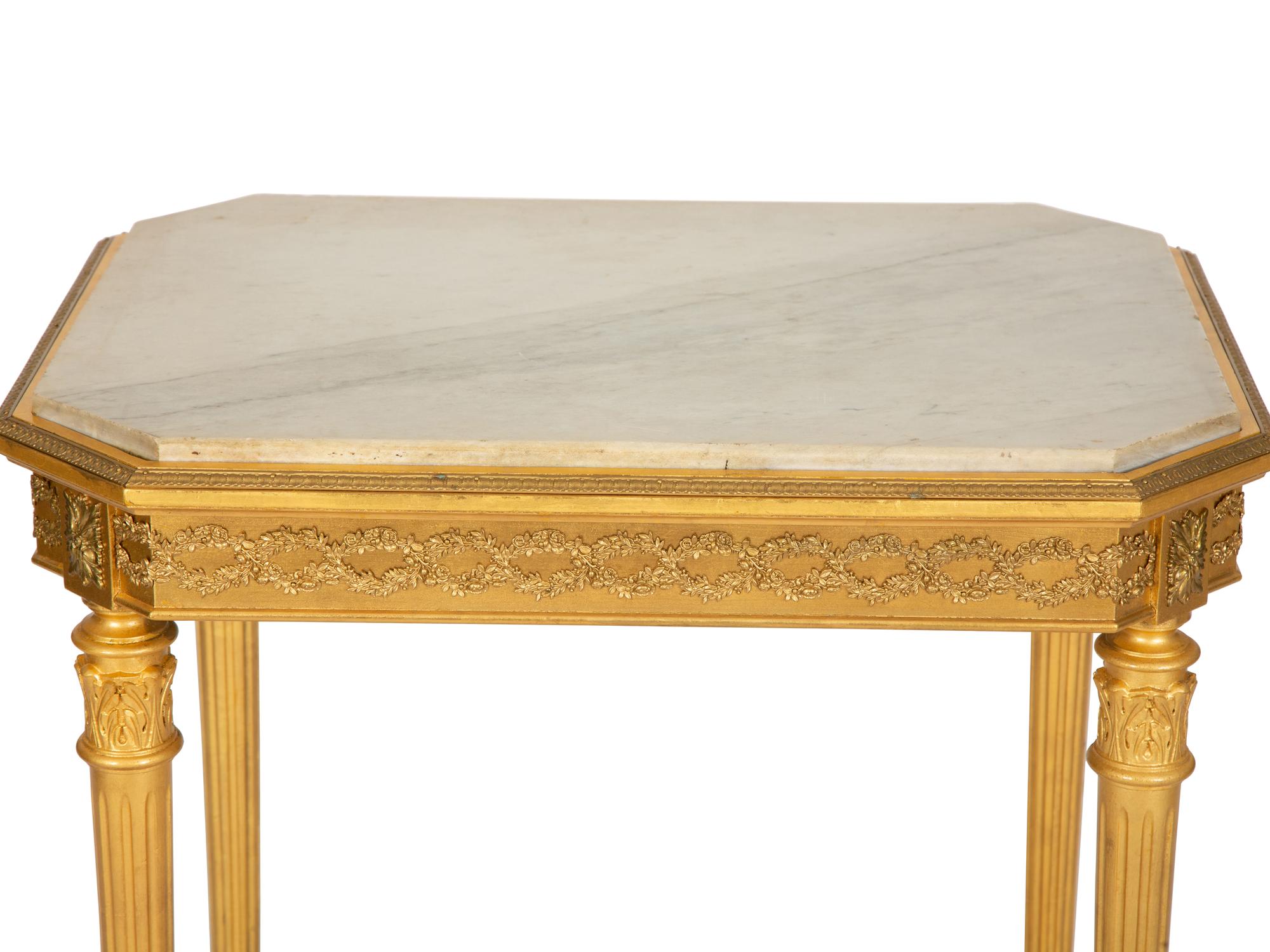A Louis XVI Style Giltwood Marble Top Side Table