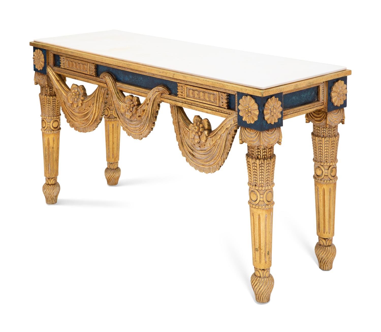 An Italian Neoclassical Style Painted and Parcel Gilt Marble Top Console Table
