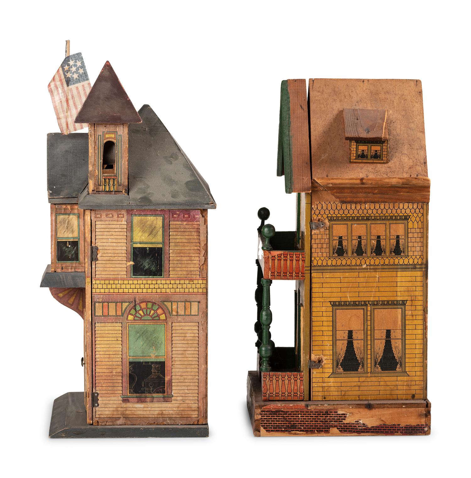 A Lithograph Paper on Wood Two-Story Doll House and Fire Station