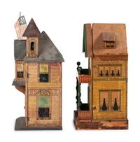 A Lithograph Paper on Wood Two-Story Doll House and Fire Station