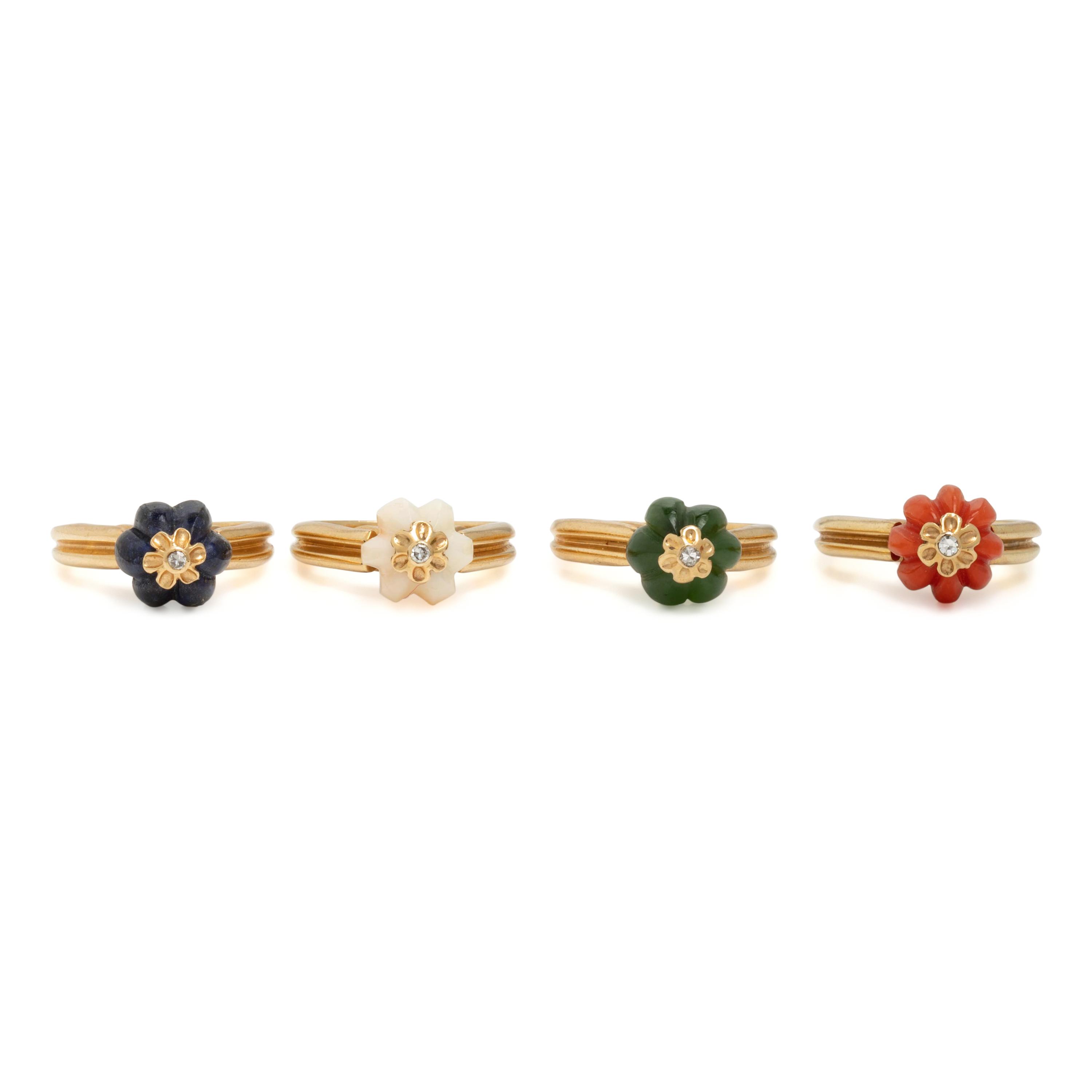 Collection of Carved Gemstone and Yellow Gold Stacking Rings