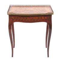 A French Brass Mounted Parquetry Side Table Height 27 x width 23 1/4 x depth 14 1/2 inches.