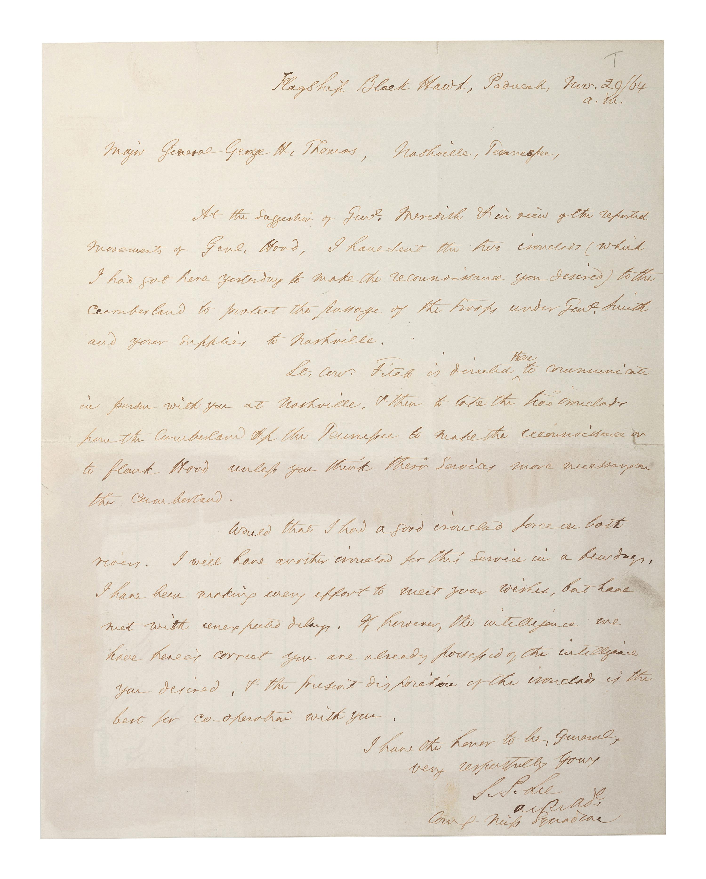 [CIVIL WAR - US NAVY]. LEE, Samuel Phillips (1812-1897). A group of 7 documents related to Rear Admiral Samuel P. Lee, incl. Vicksburg content and preparations for the Battle of Nashville.