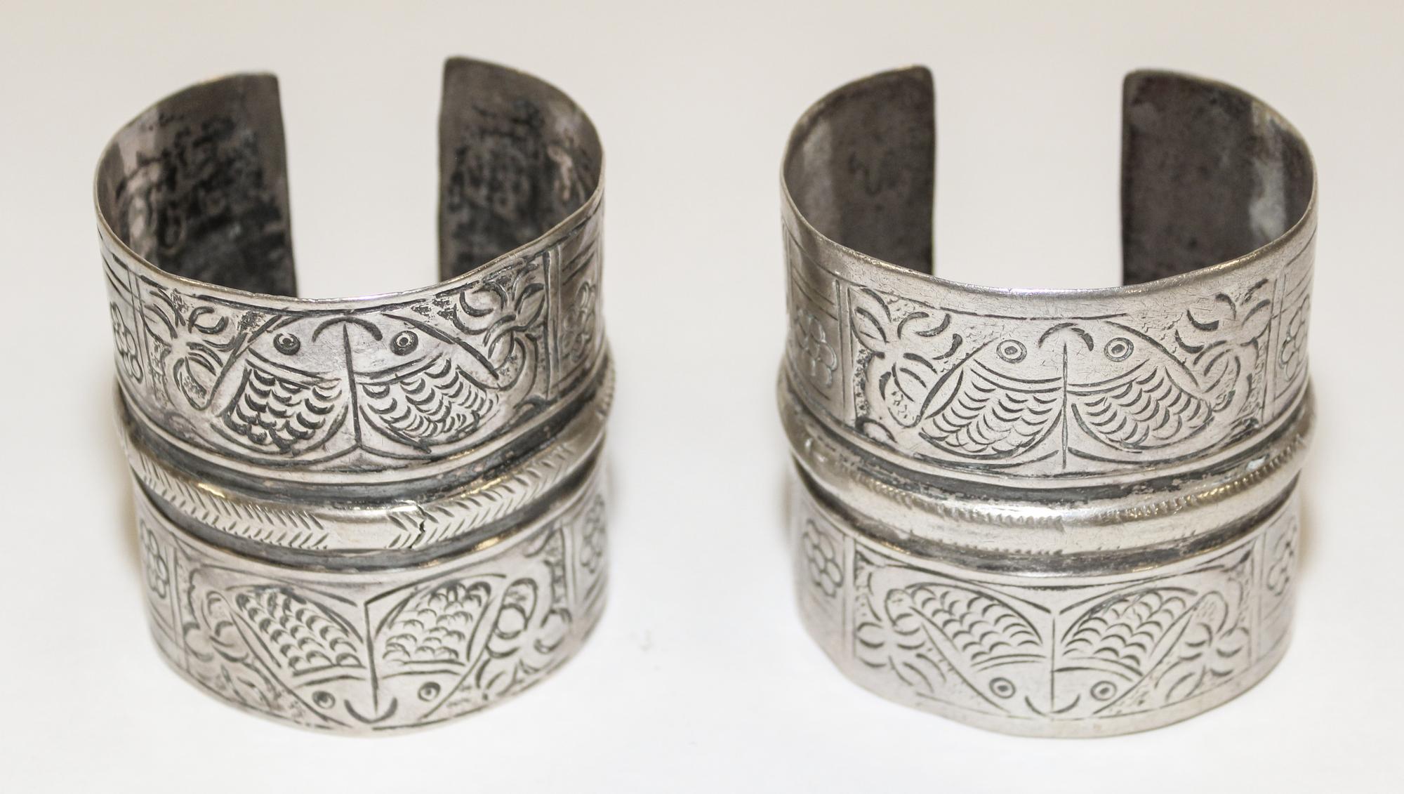Two Middle Eastern Silver Cuffs Diameter of exterior 2 3/4 inches.