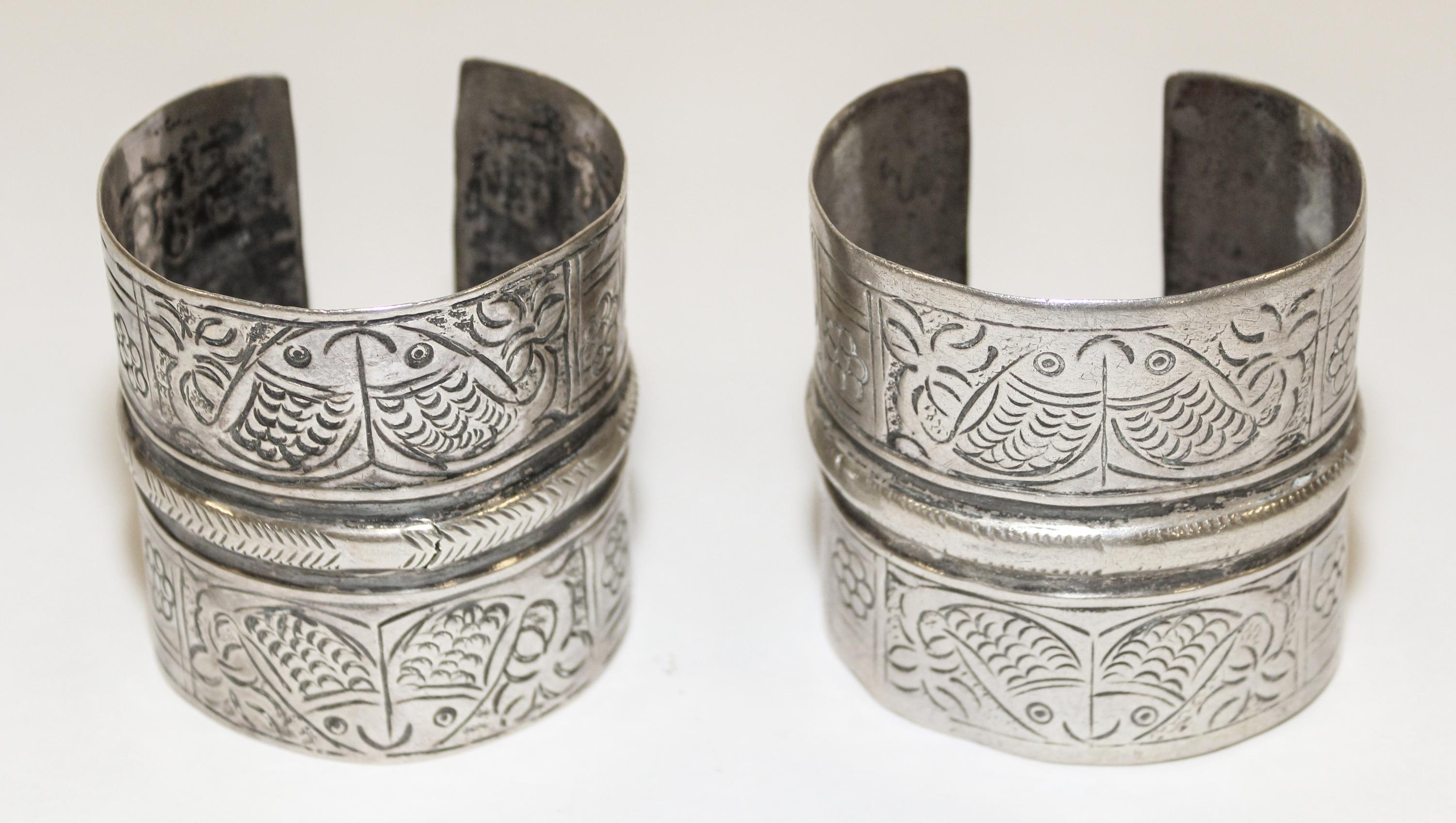 Two Middle Eastern Silver Cuffs Diameter of exterior 2 3/4 inches.