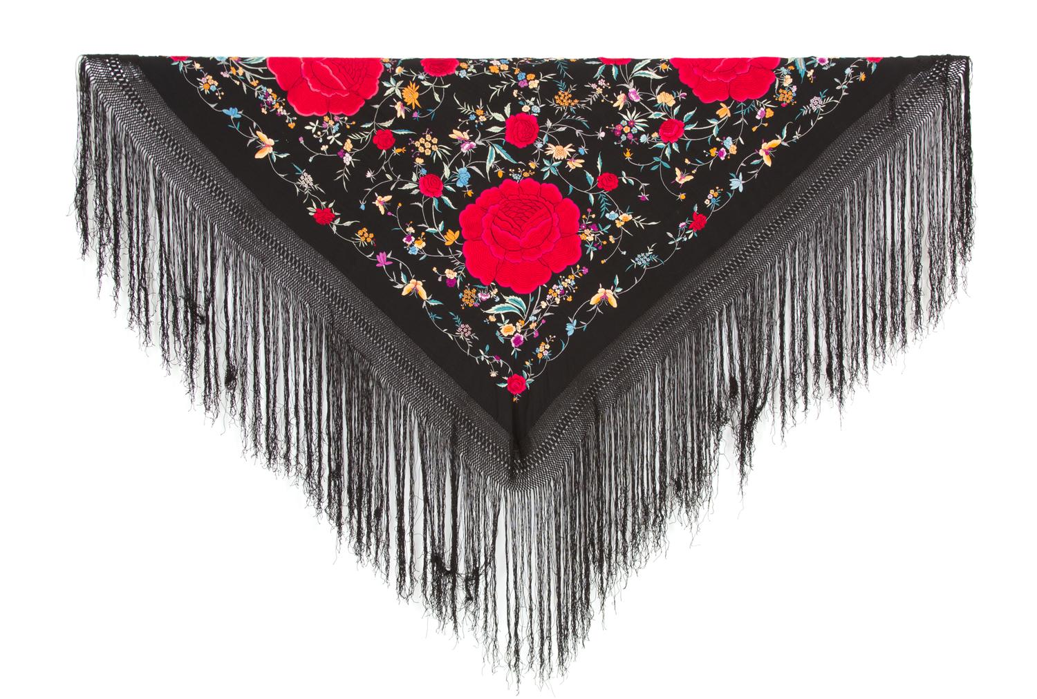 A Chinese Floral Embroidered Black Silk Piano Shawl 65 x 65 inches excluding the 20 inch fringe. — EARLY 20TH CENTURY