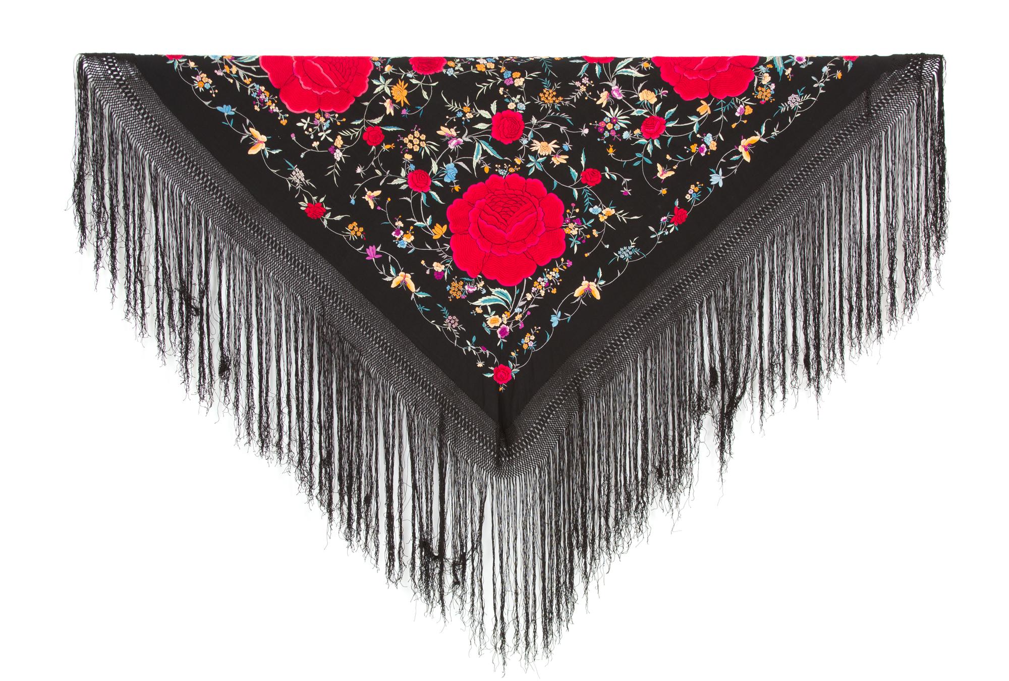 A Chinese Floral Embroidered Black Silk Piano Shawl 65 x 65 inches excluding the 20 inch fringe. — EARLY 20TH CENTURY