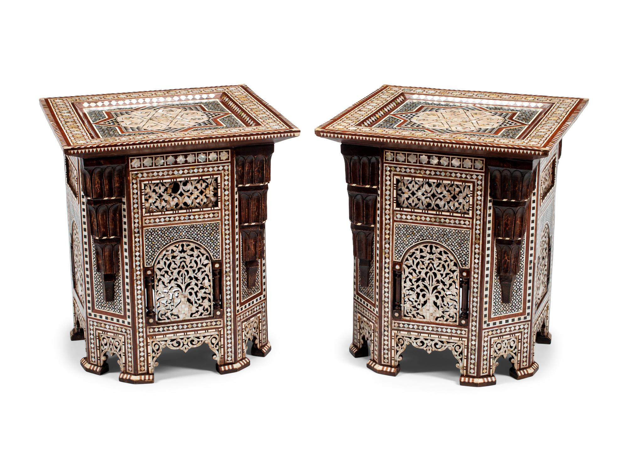 A Pair of Levantine Marquetry and Mother-of-Pearl Inlaid Side Tables
