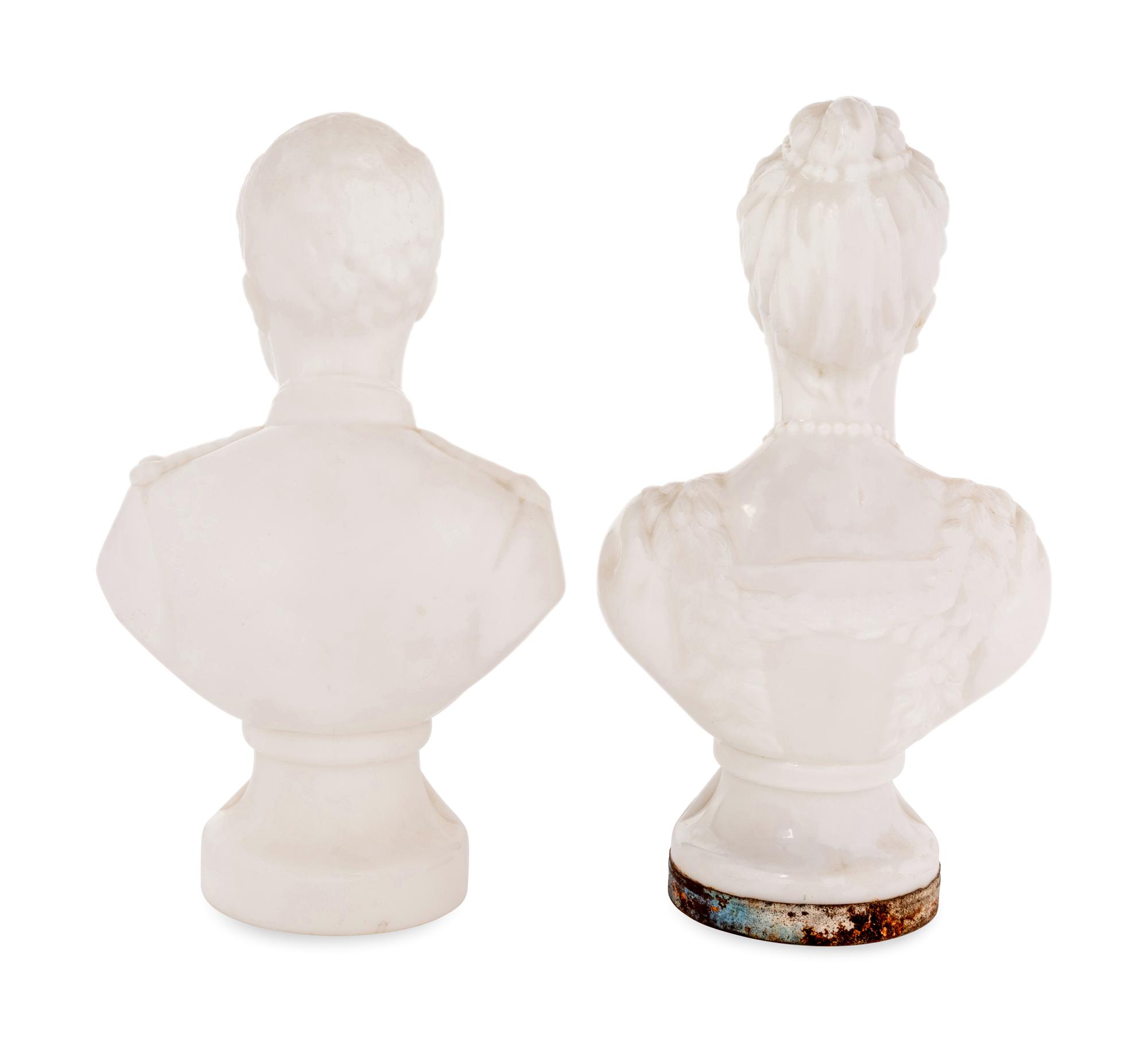 A Pair of French Milk Glass Portrait Busts of Czar Nicholas II and Empress Alexandra