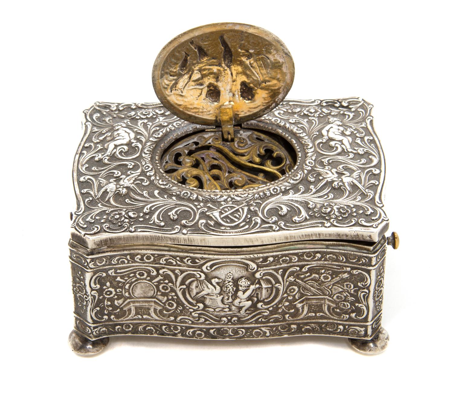 A German Silver Singing Bird Automaton Box, 20TH CENTURY, Height 2 x width 4 x depth 3 inches. — 20TH CENTURY,