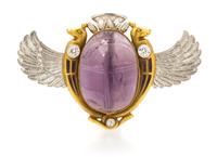 An Egyptian Revival Platinum, Gold, Enamel, Amethyst and Diamond Winged Scarab Brooch, 11.40 dwts.