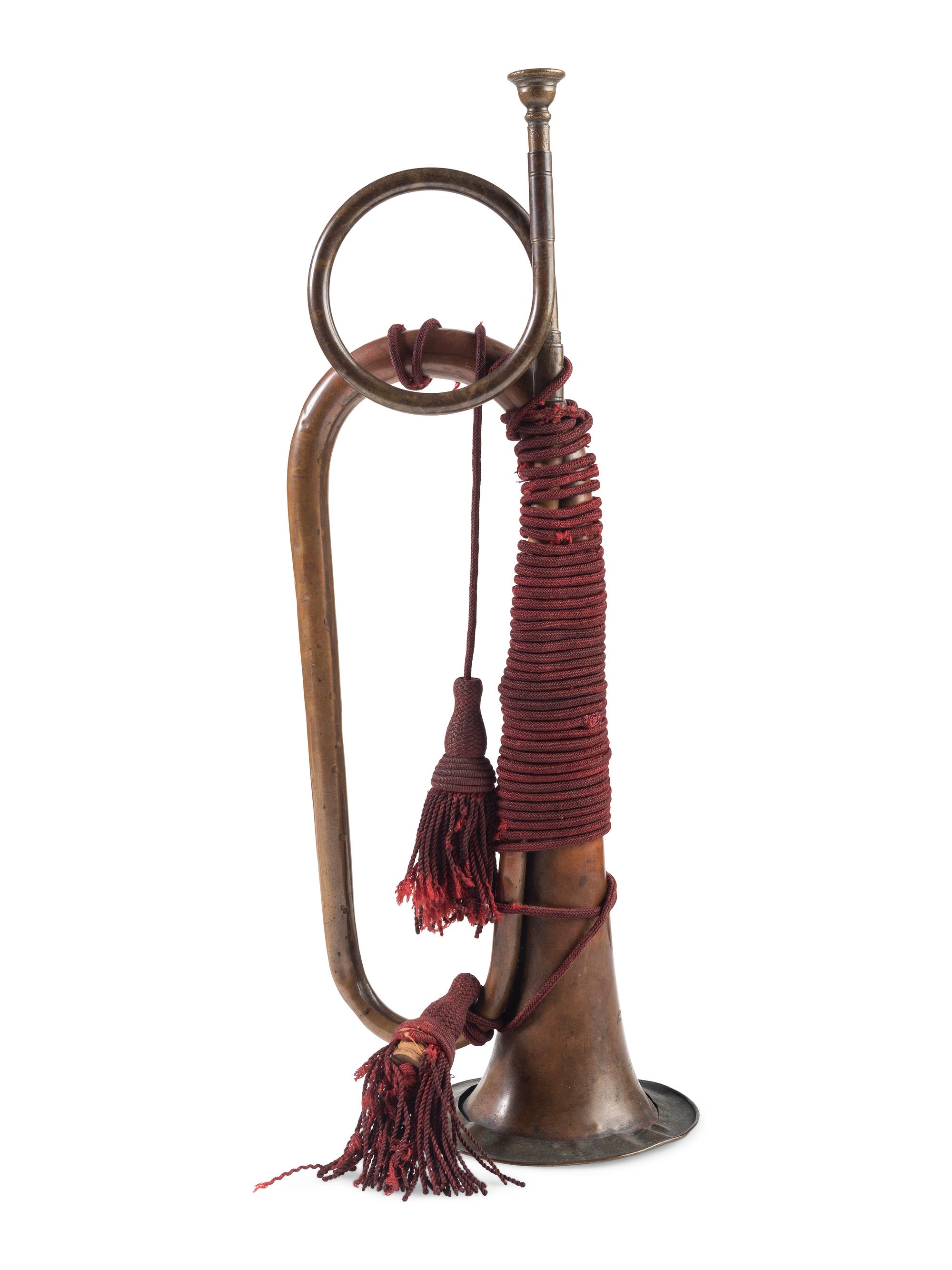 Civil War US Regulation bugle with artillery cords. Manufactured by Horstmann, Philadelphia, PA.