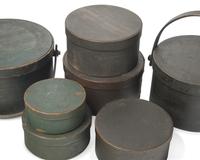 Seven Green-Painted Round Pantry Boxes