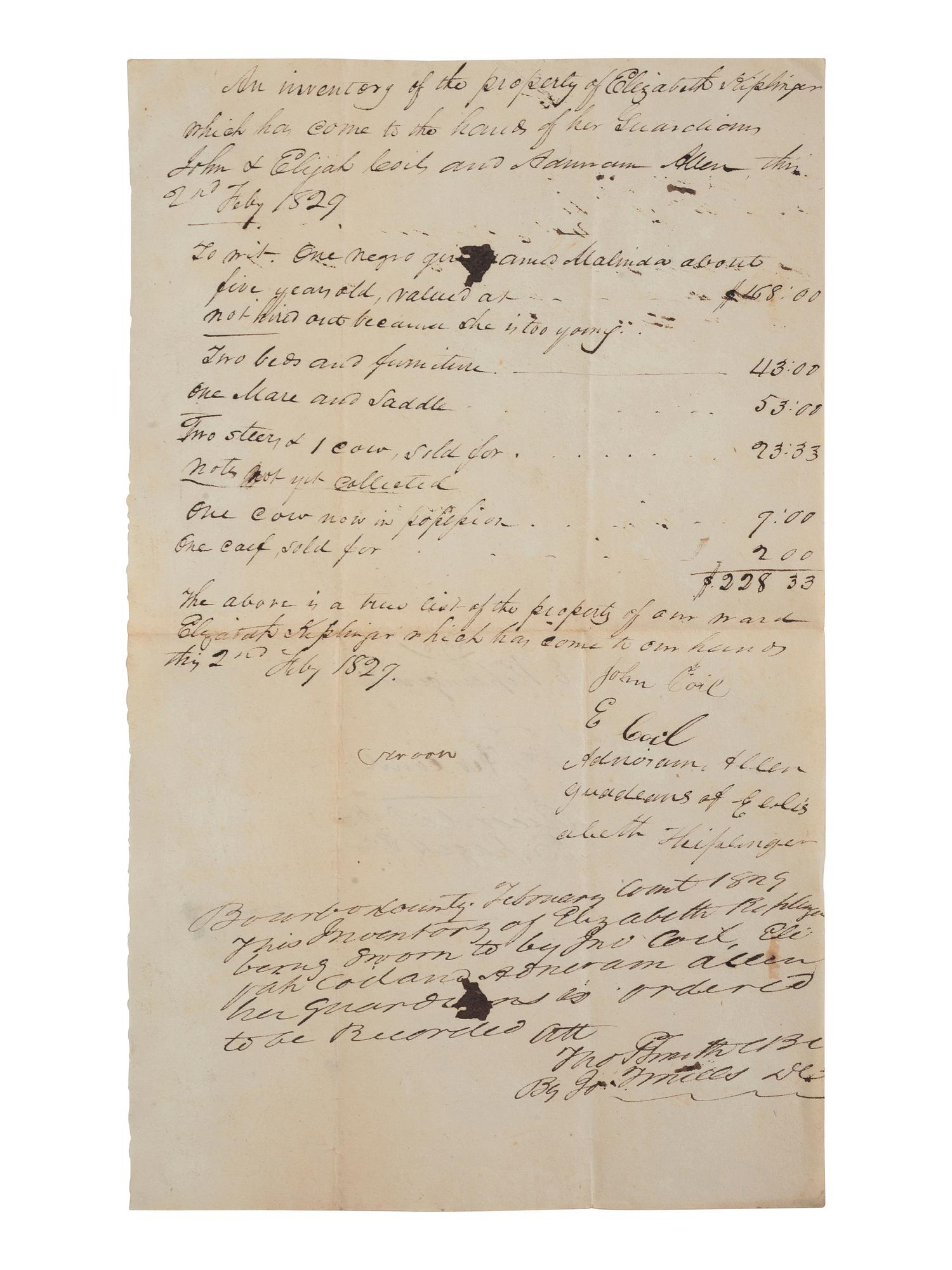 [ENSLAVEMENT & ABOLITION]. A group of 6 estate documents listing individual enslaved persons, most by name. Bourbon County, KY, 1815-1829.