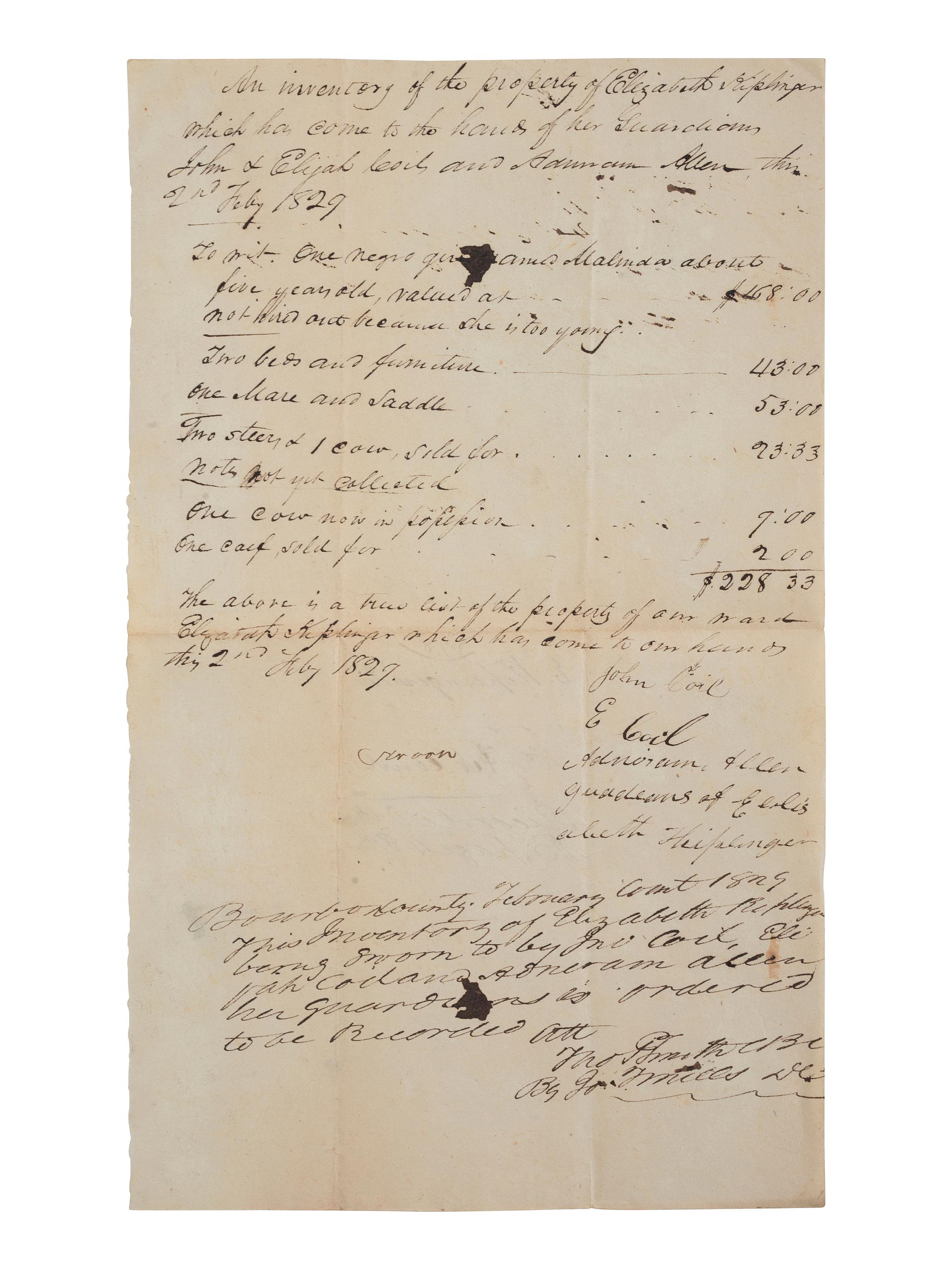 [ENSLAVEMENT & ABOLITION]. A group of 6 estate documents listing individual enslaved persons, most by name. Bourbon County, KY, 1815-1829.