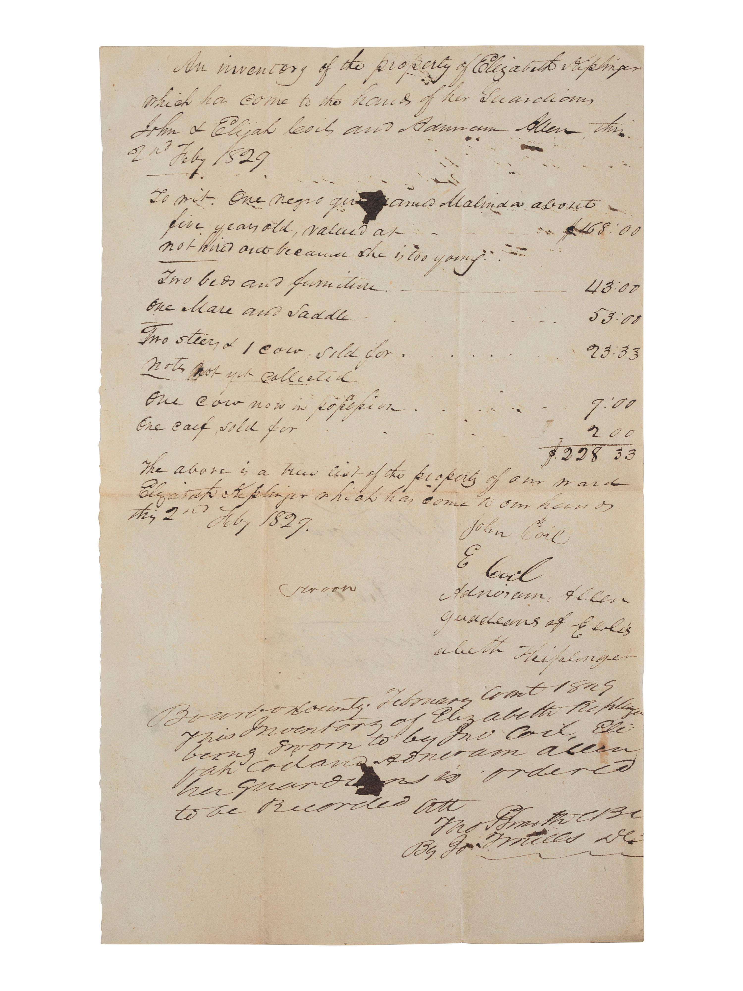 [ENSLAVEMENT & ABOLITION]. A group of 6 estate documents listing individual enslaved persons, most by name. Bourbon County, KY, 1815-1829.