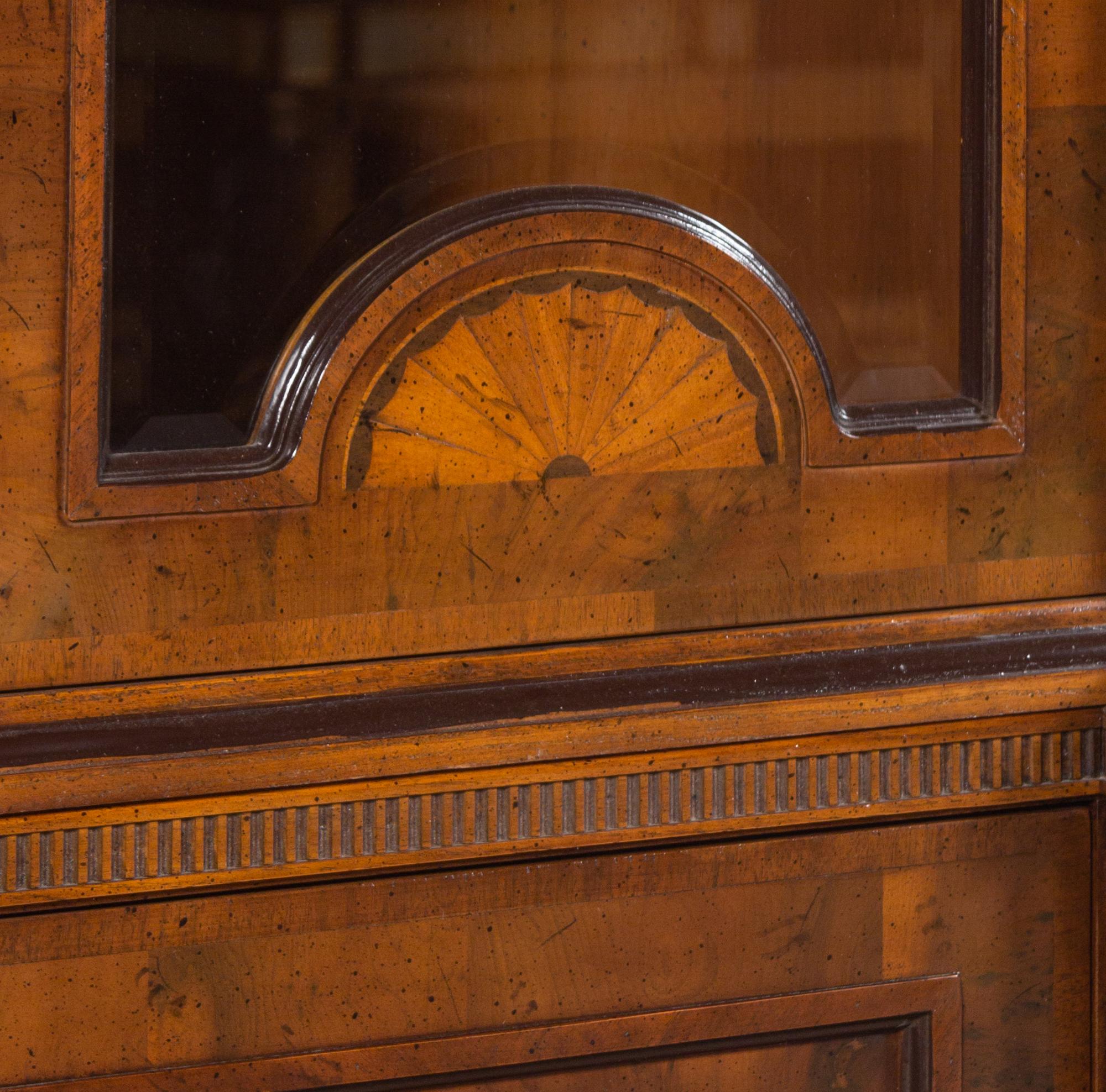 A George III Style Mahogany and Satinwood Marquetry Breakfront Bookcase
