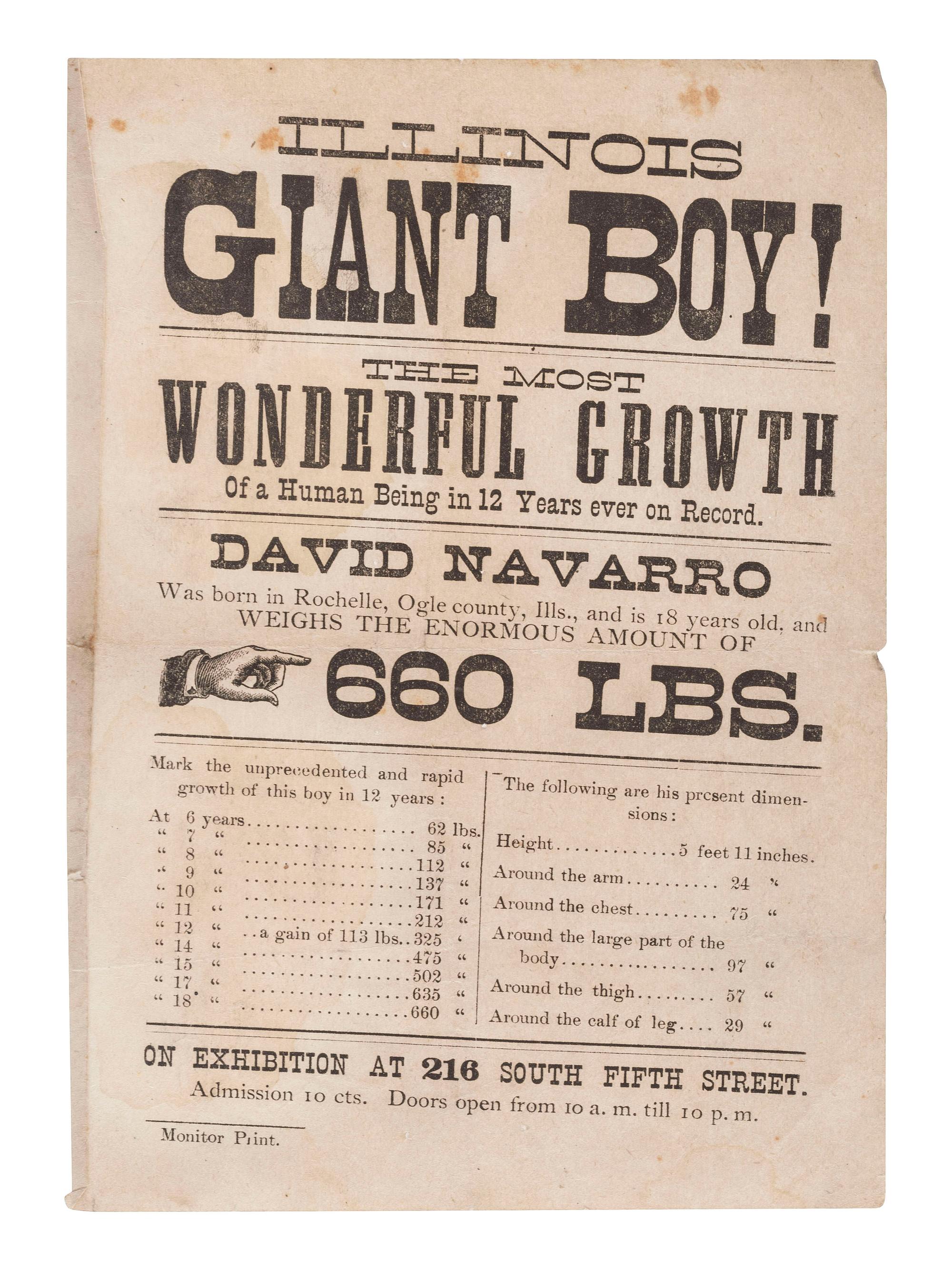[CIRCUS] -- [SIDESHOWS]. A group of 4 items associated with unusual performing acts highlighted by a broadside advertising the "Illinois Giant Boy!" ca 1879.