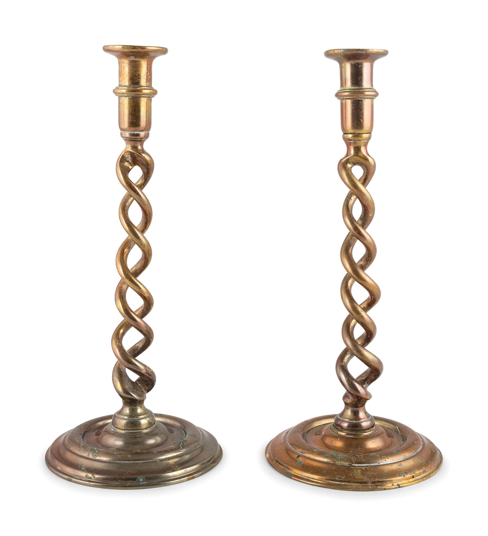A Pair of English Brass Open Twist Candlesticks