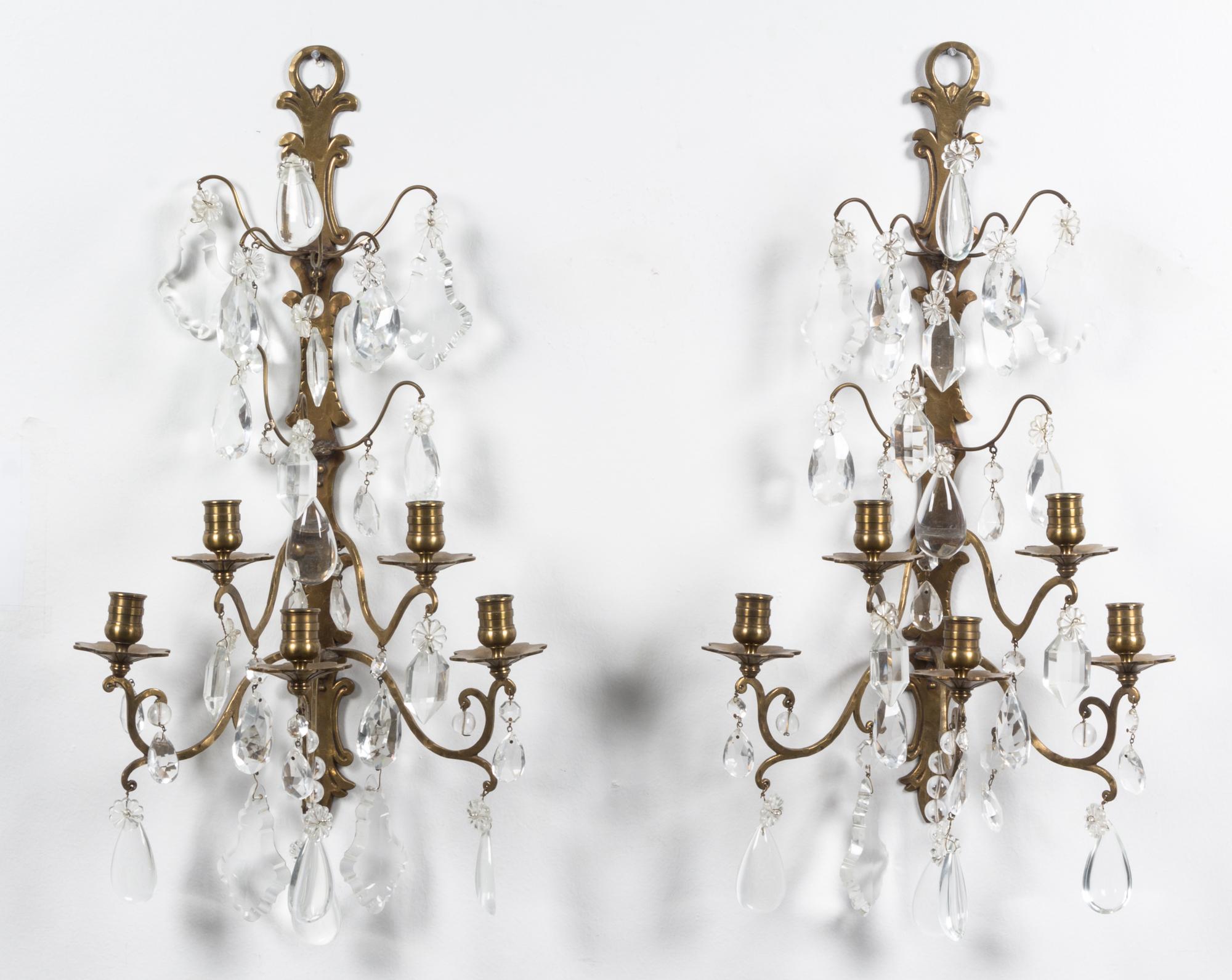 A Pair of Dutch Brass Five-Light Sconces Height 27 inches.