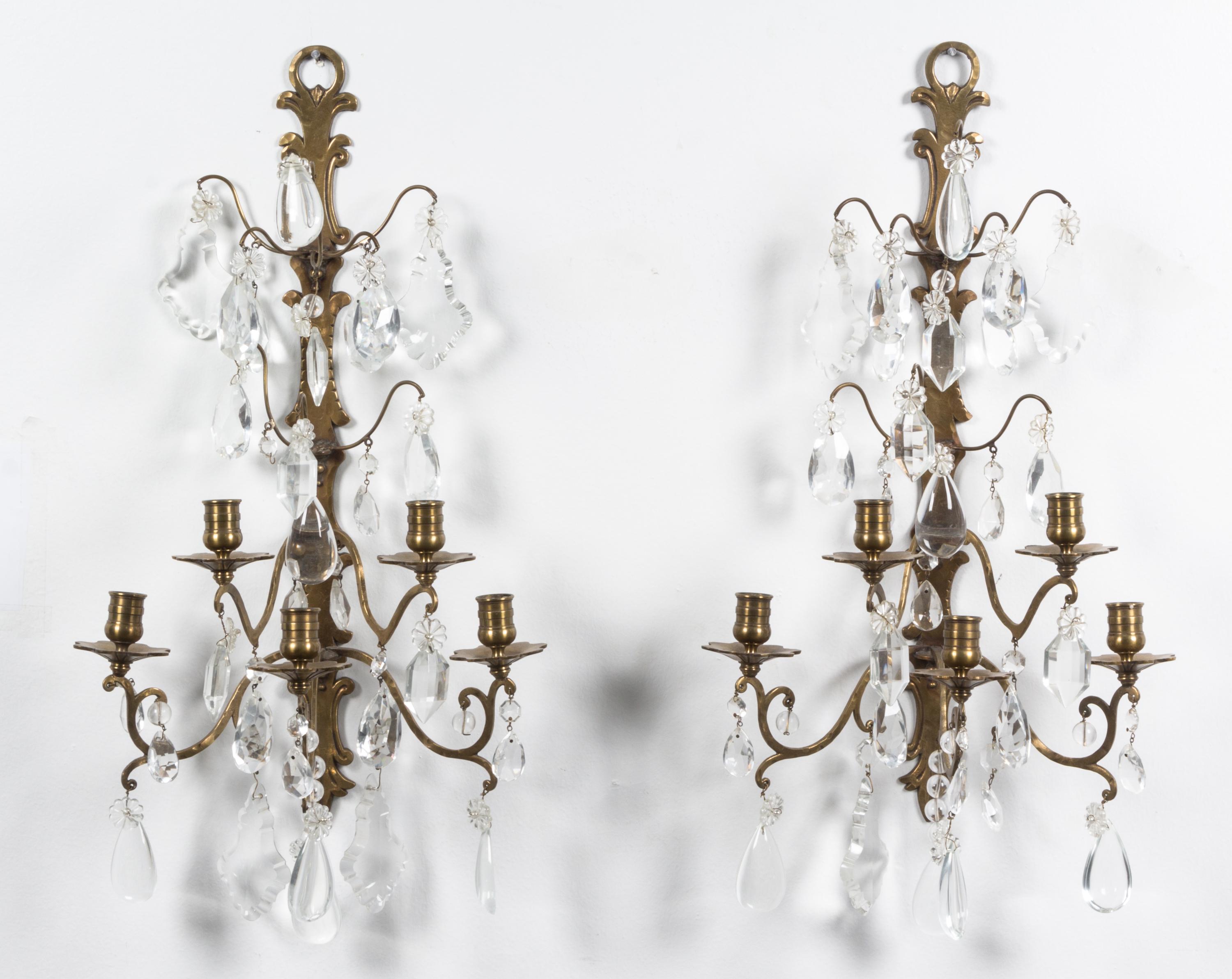 A Pair of Dutch Brass Five-Light Sconces Height 27 inches.
