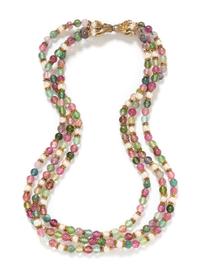 A Gilt Silver, Fluorite and Cultured Pearl Multistrand Bead Necklace, 45.10 dwts.