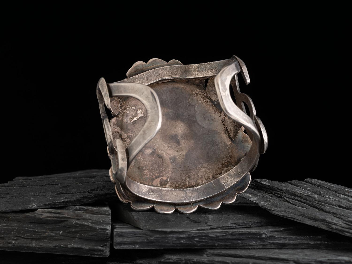 Large Sandcast Silver and Turquoise Cuff Bracelet