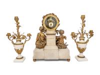 A French Gilt Bronze and Marble Clock Garniture