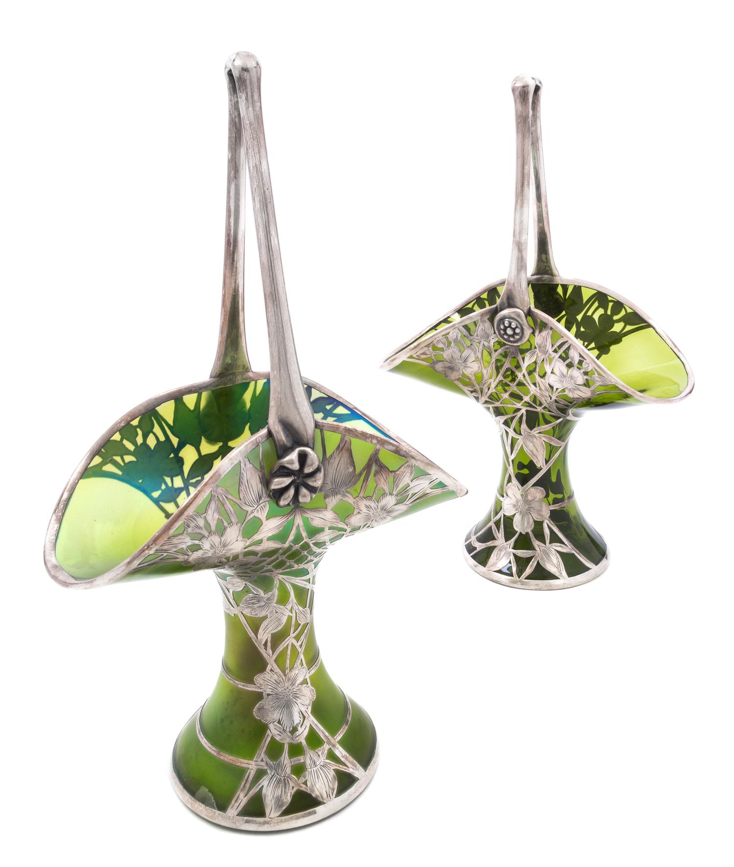 Two Silver Overlay Glass Baskets Height of taller 14 inches.