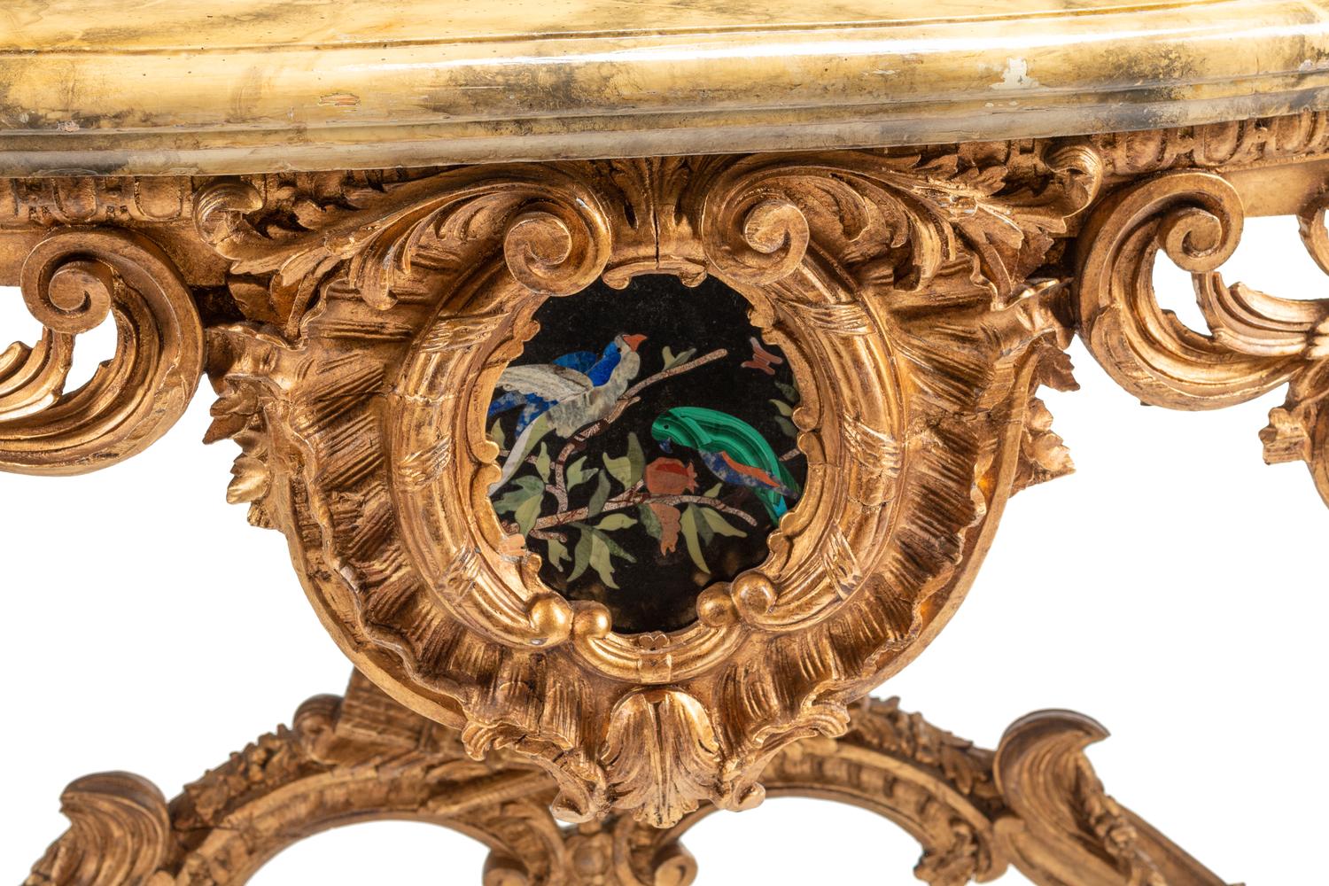 A Pair of Italian Pietra Dura-Inset Giltwood and Faux Marble-Top Console Tables