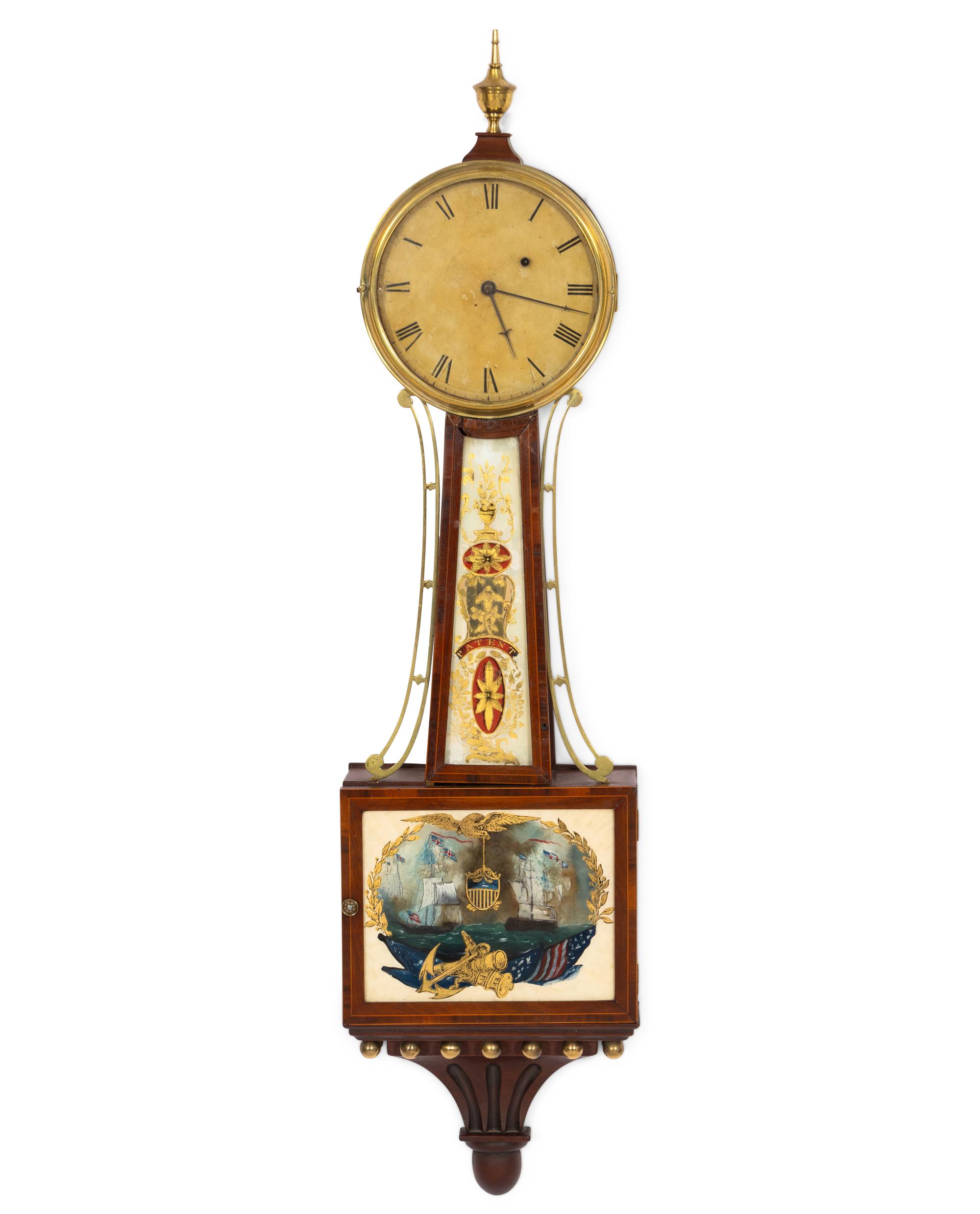 A Federal Style Mahogany and Verre Eglomise Banjo Clock