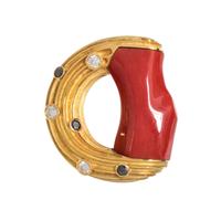 CHRISTOPHER WALLING, YELLOW GOLD, CORAL, DIAMOND AND BLACK DIAMOND BROOCH