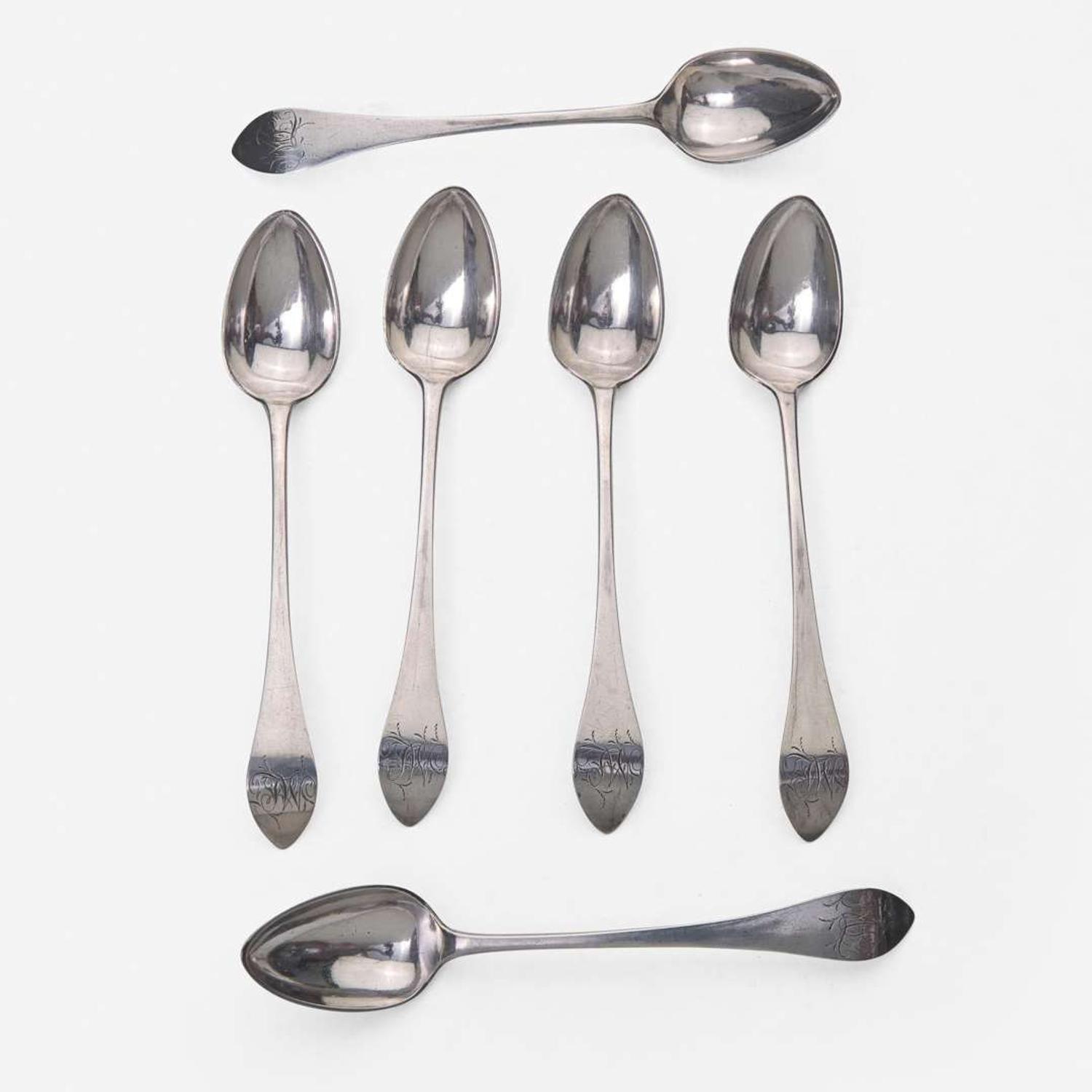 A large collection of twenty-five bird-back and fancy-back teaspoons Various makers, Lancaster, Reading, Philadelphia, PA, and Burlington, NJ, circa 1780-1820